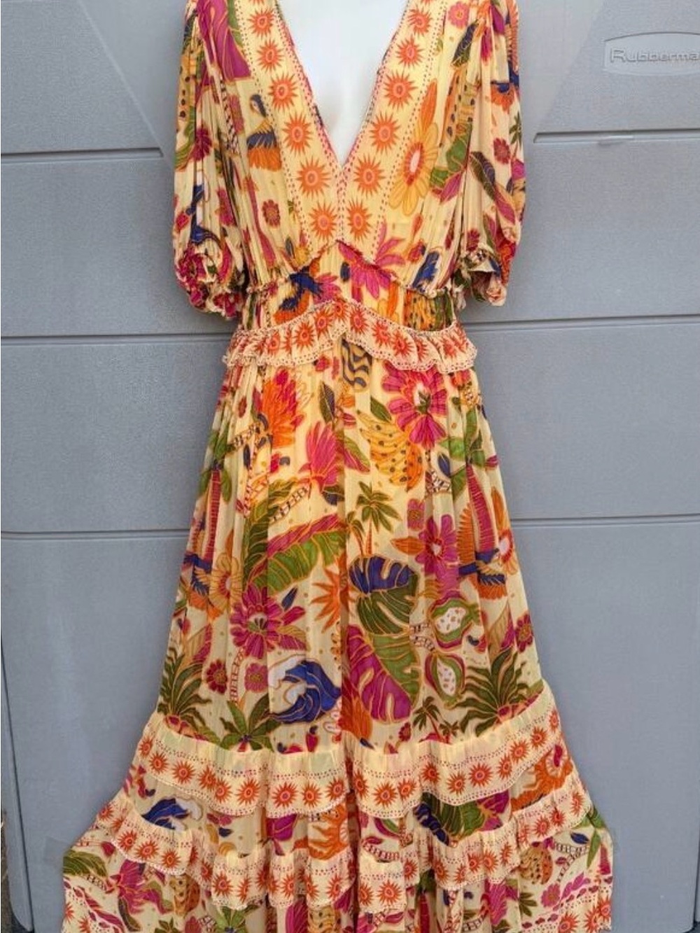 FARM RIO Tropical Print V-Neck Maxi Dress in Yellow - Picture 4 of 12